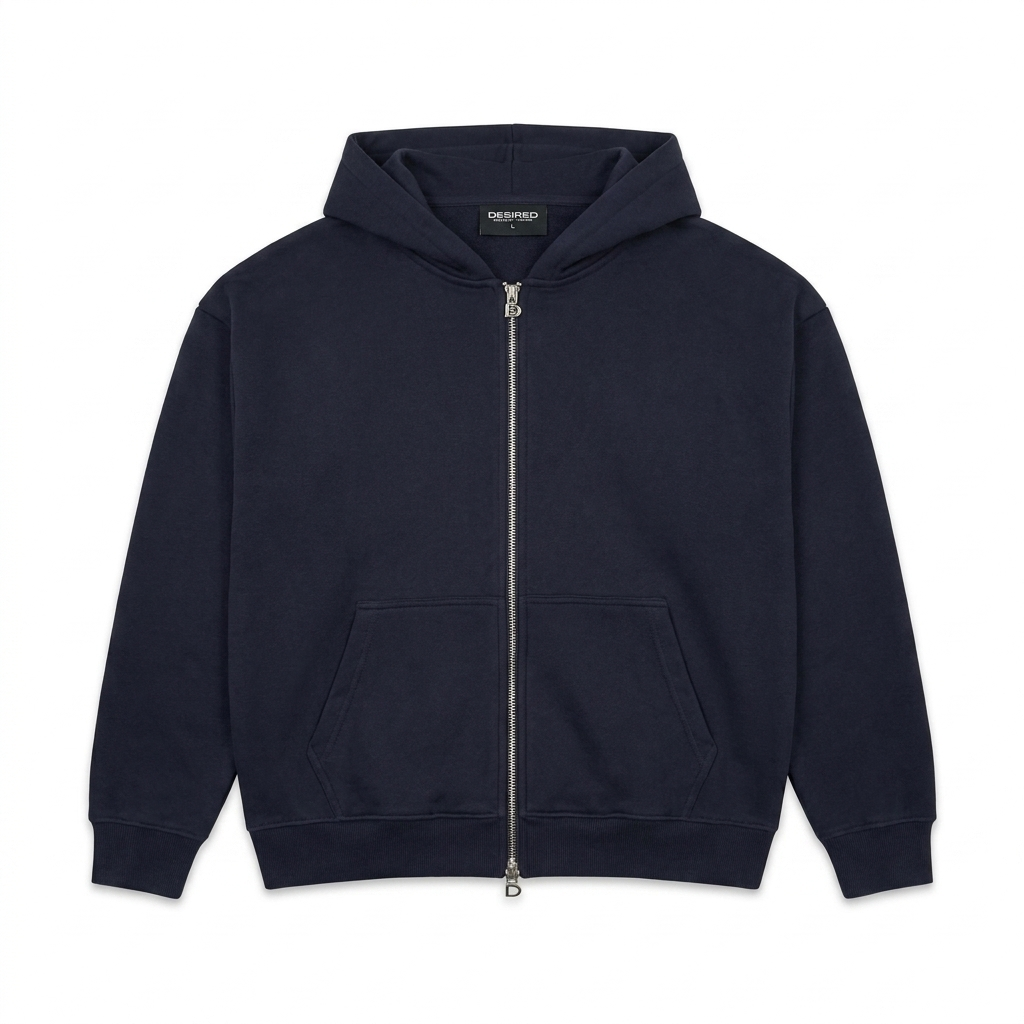 Navy Zip-Up Hoodie in 500gsm French terry — Desired Studios