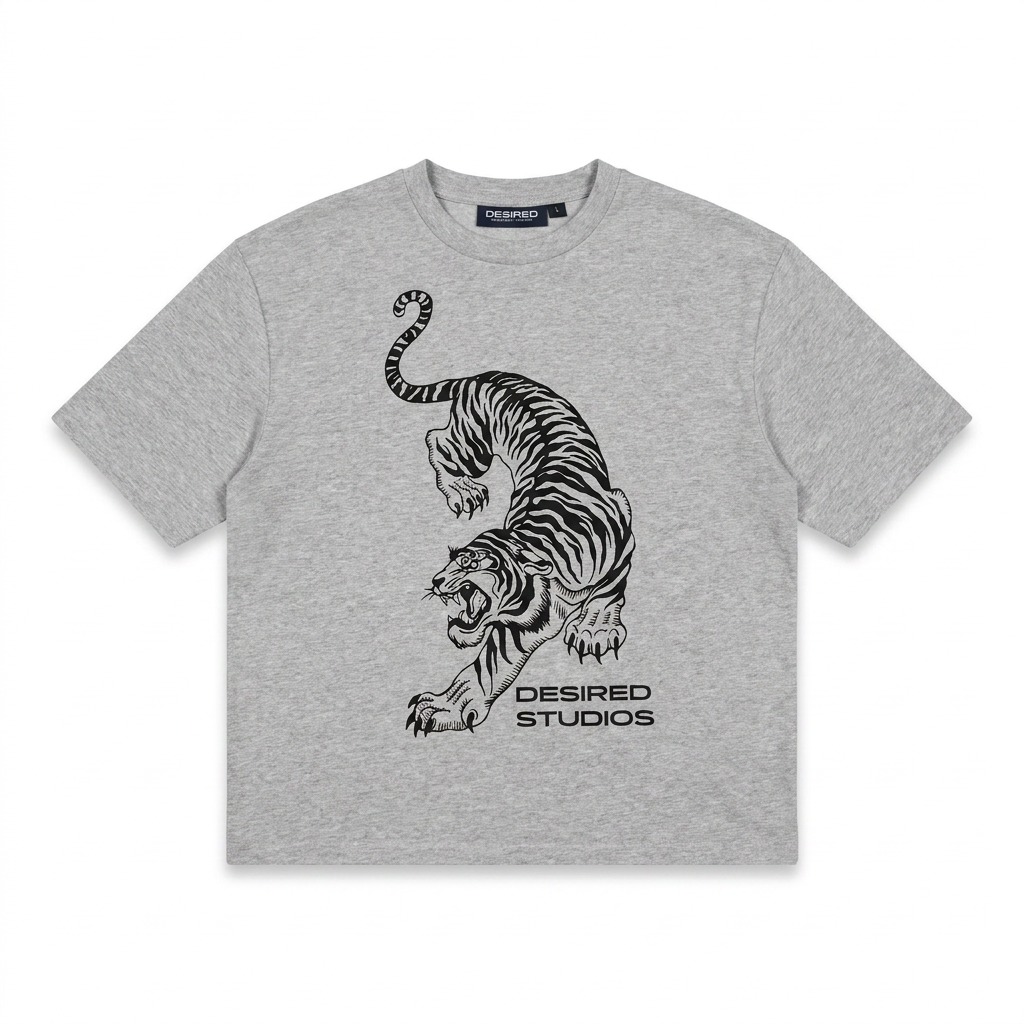 Tiger Tee — screen-printed tiger graphic on heavyweight cotton, Desired Studios
